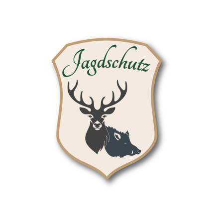 Aufkleber in Wappenform Beige / grün mit Schriftzug Jagschutz und Jagd-Motiv