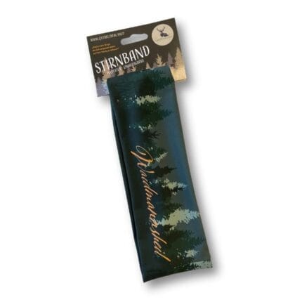 elastisches Stirnband in grünfarben mit Waldmotiv und oranger schrift 'Waidmannsheil'