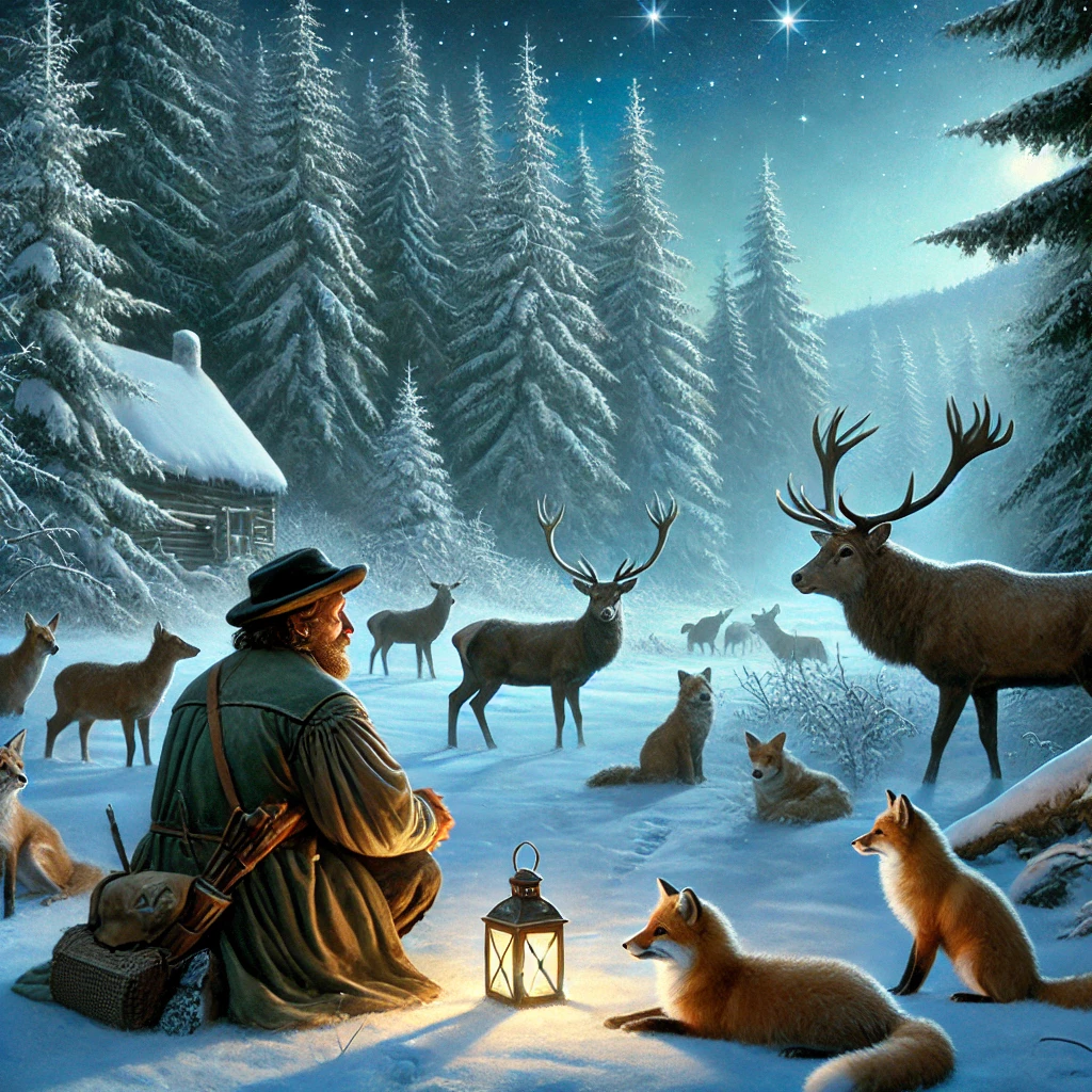 KI-Bild mit Jäger und Wildtieren in den Rauhnächten