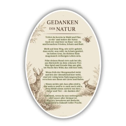 Ovales Naturschutzschild „Gedanken der Natur“ in heller Optik mit Gedicht und Tierillustrationen, Aluverbund 60x42 cm