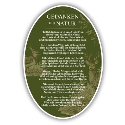 Ovales Naturschild „Gedanken der Natur“ in dunkelgrüner Optik mit Gedicht und Wildtiermotiven, Aluverbund 60x42 cm